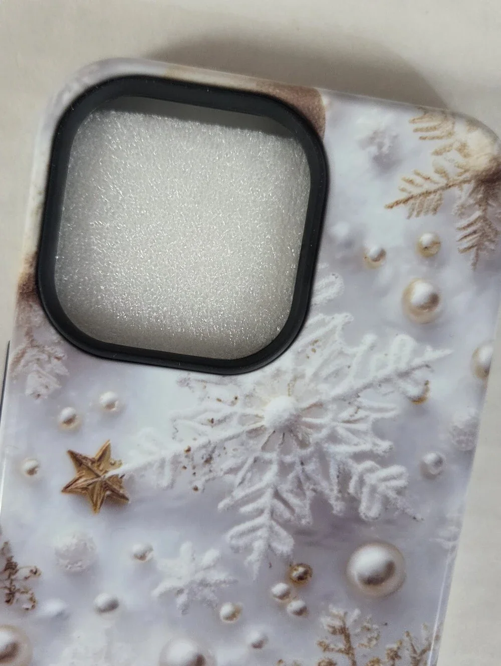 iPhone 15 Pro Cell Phone Case NEW -White & Gold -Snowflakes -Christmas